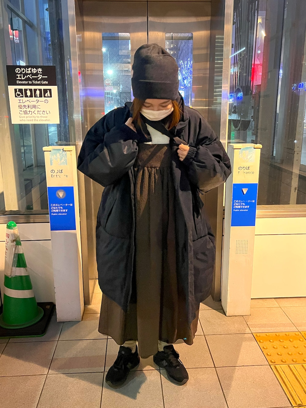 ブラック系のダウンジャケット/コート、ブラウン系のワンピース、ブラック系のスニーカーを着用したレディースの冬コーディネートの2枚目の写真