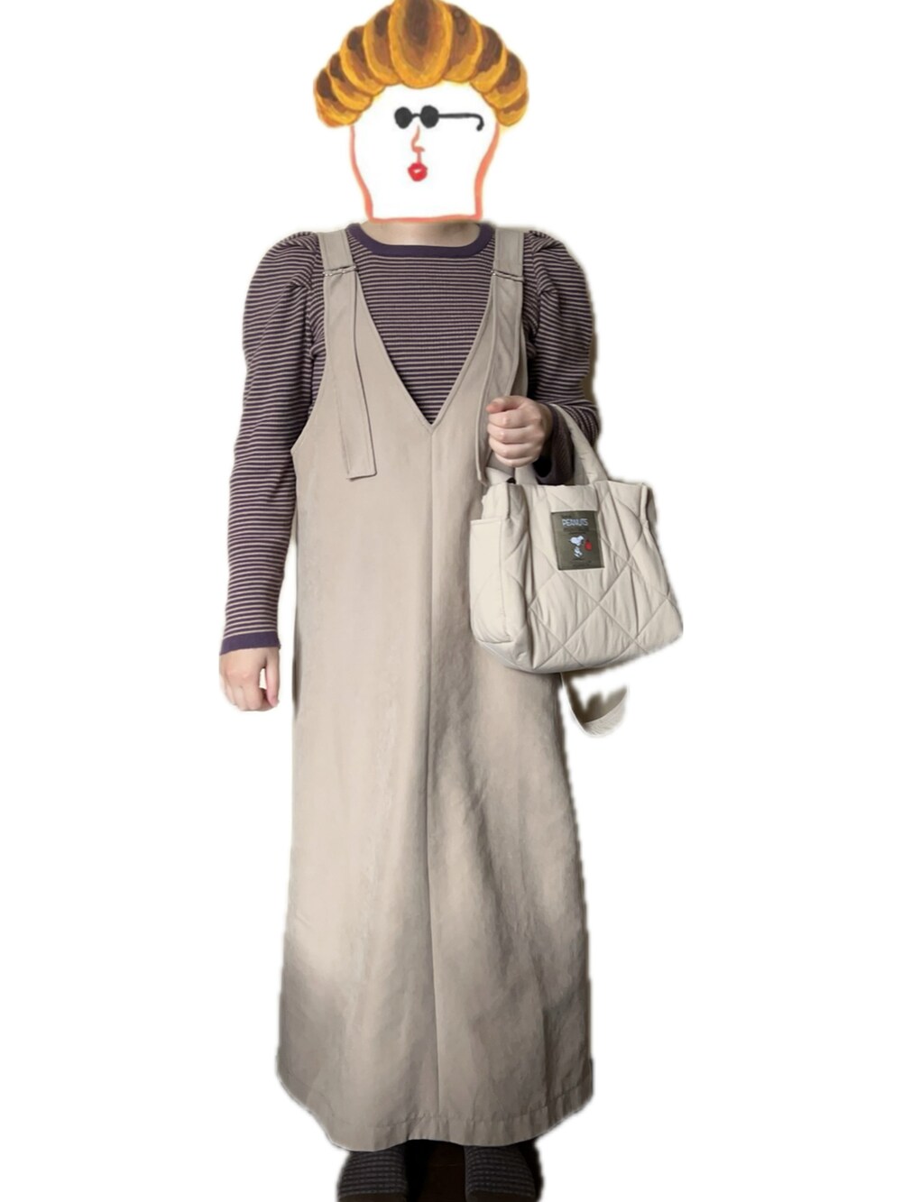 「outfit、ehka sopo、coen、時間差投稿」｜「ehka sopoのボーダーパフスリーブプルオーバー（ニット/セーター、パープル系）」を使った、ねあ／Neaさん（レディース・158cm）の冬コーディネートの2枚目の写真