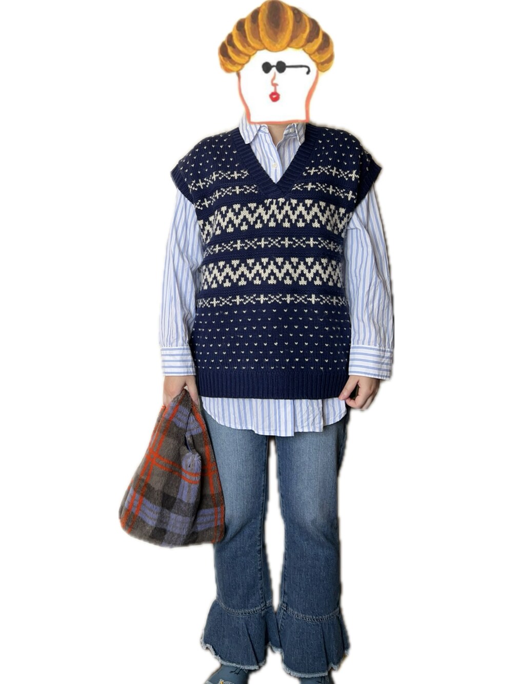 「outfit、coen、earth music&ecology、LOWRYS FARM、ThreeFourTime、時間差投稿」｜「coenの［洗える］チロル柄ニットベスト（ベスト、ブルー系）」を使った、ねあ／Neaさん（レディース・158cm）の冬コーディネートの2枚目の写真