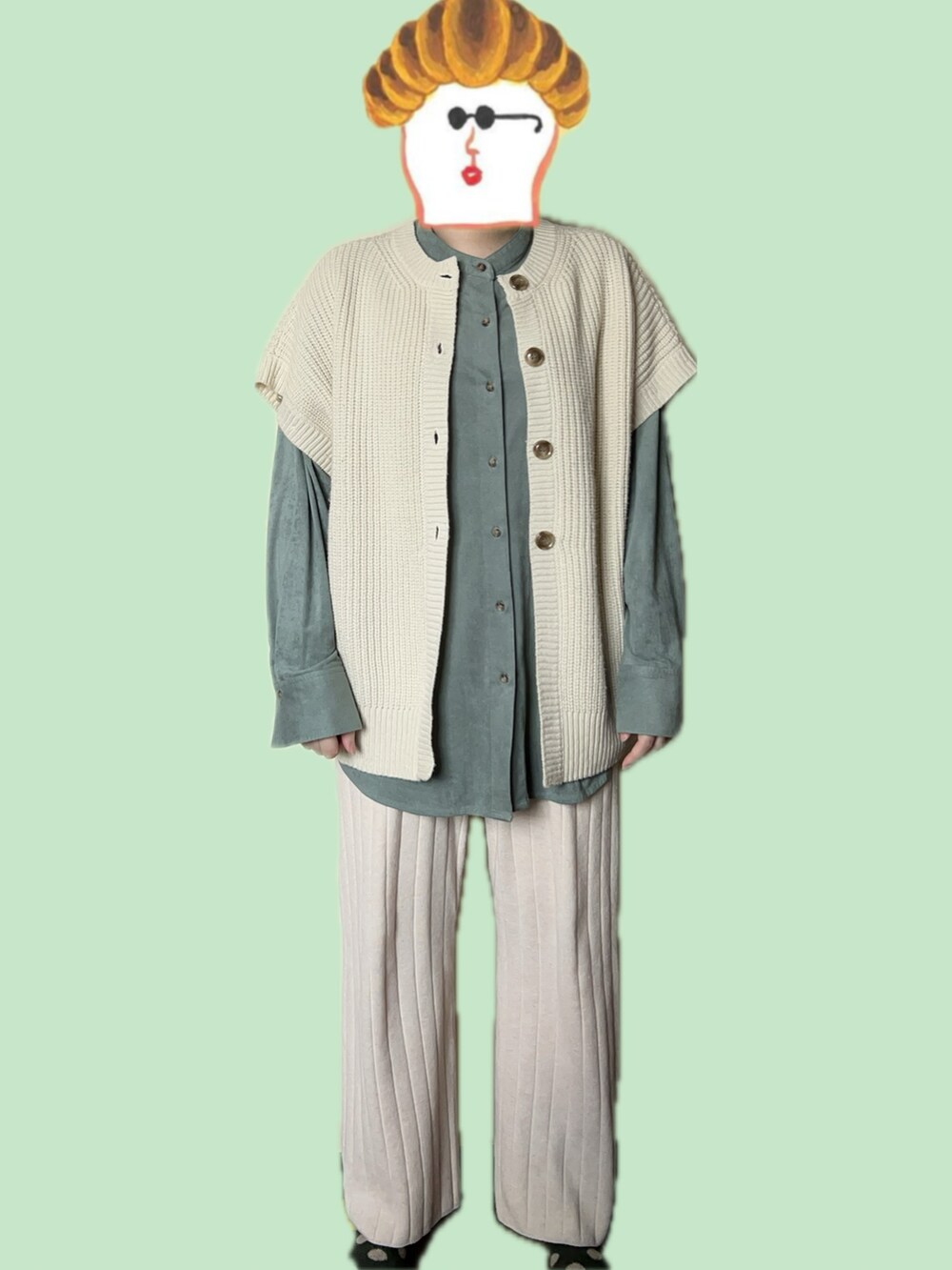 「outfit、ehka sopo、Samansa Mos2 blue、ROPEPICNIC」｜「ehka sopoのエコスウェードビッグシャツ（シャツ/ブラウス、グリーン系）」を使った、ねあ／Neaさん（レディース・158cm）の春コーディネートの2枚目の写真