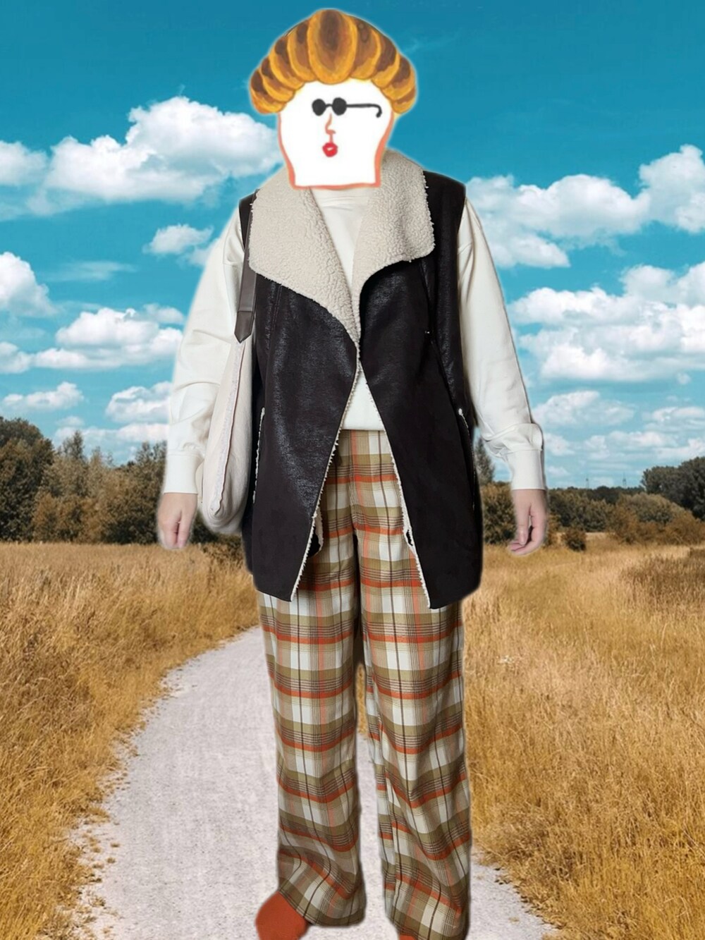「ootd、outfit、今日のコーデ、coen、ROPEPICNIC、H&M、ムートンベスト」｜「coenのデイリーイージーセミワイド起毛チェックパンツ（その他パンツ、ホワイト系）」を使った、ねあ／Neaさん（レディース・158cm）の冬コーディネートの2枚目の写真