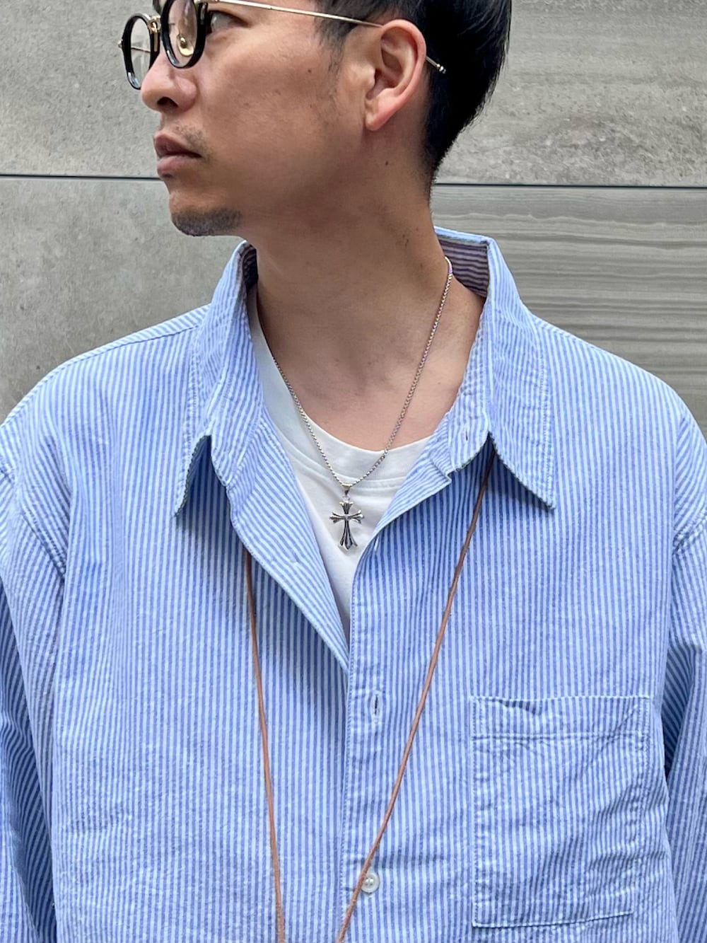 「エドウィン、edwin、edwinjapan、ポリス、POLICE」｜「EDWINの【ZOZO】【WEB限定】EDWIN STEPMARK オーバーサイズ ボックスシルエット　ビッグシャツ　長袖　　L/S（シャツ/ブラウス、ブルー系）」を使った、 松波 侑亮さん（メンズ・164cm）の春コーディネートの5枚目の写真