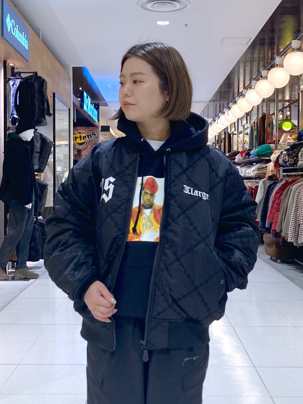 「キルティング、XLARGE、いいね、save、フォローお願いします🤑、ストリート、低身長、低身長コーデ、低身長女子、Nas」｜「XLARGEのXLARGE x NAS BOMBER JACKET（ブルゾン、ブラック系）」を使った、沼田亜樹さん（レディース・156cm）の冬コーディネートの3枚目の写真