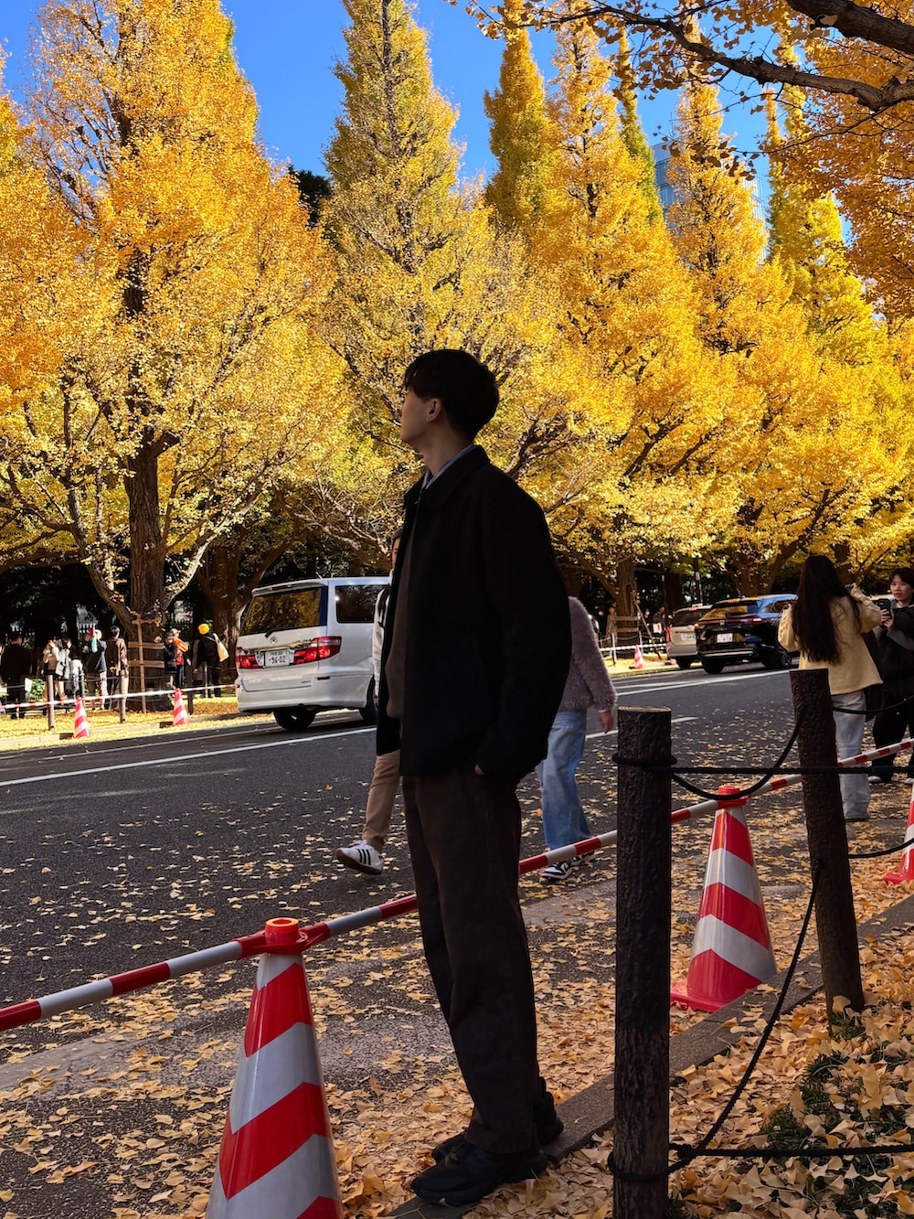 ブラウン系のデニムパンツ、ブラック系のスニーカー、その他のブルゾンを着用したメンズの秋コーディネートの2枚目の写真