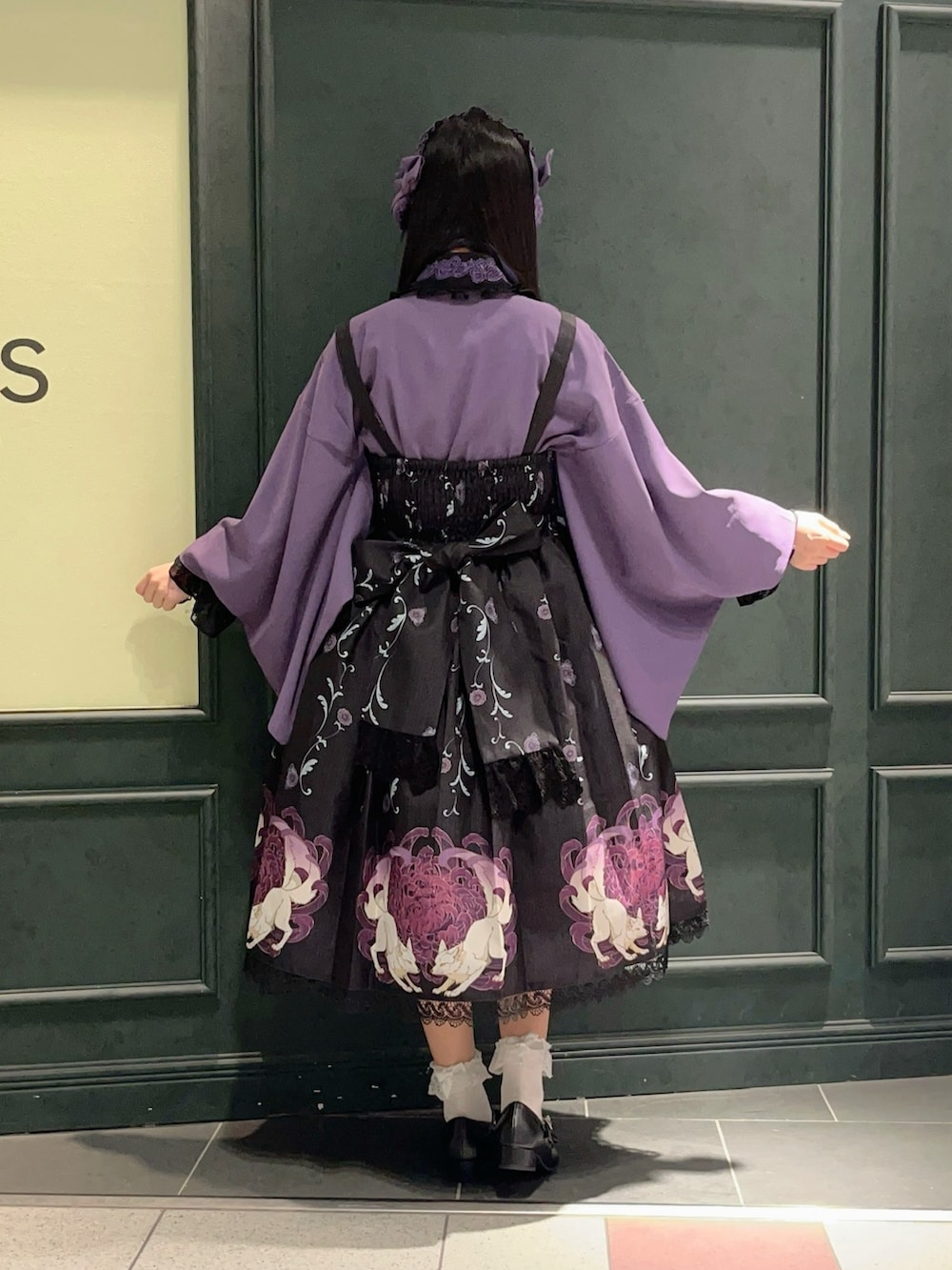 「Chalmiere、和ロリ、和装、和装コーデ、和風、狐、パープル、パープルコーデ、パープル×黒、ボンネット、ロリータ、ロリータファッション、低身長」｜「Chalmiereのハーフボンネ（カチューシャ、パープル系）」を使った、ぁゅゅさん（レディース・154cm）の夏コーディネートの2枚目の写真