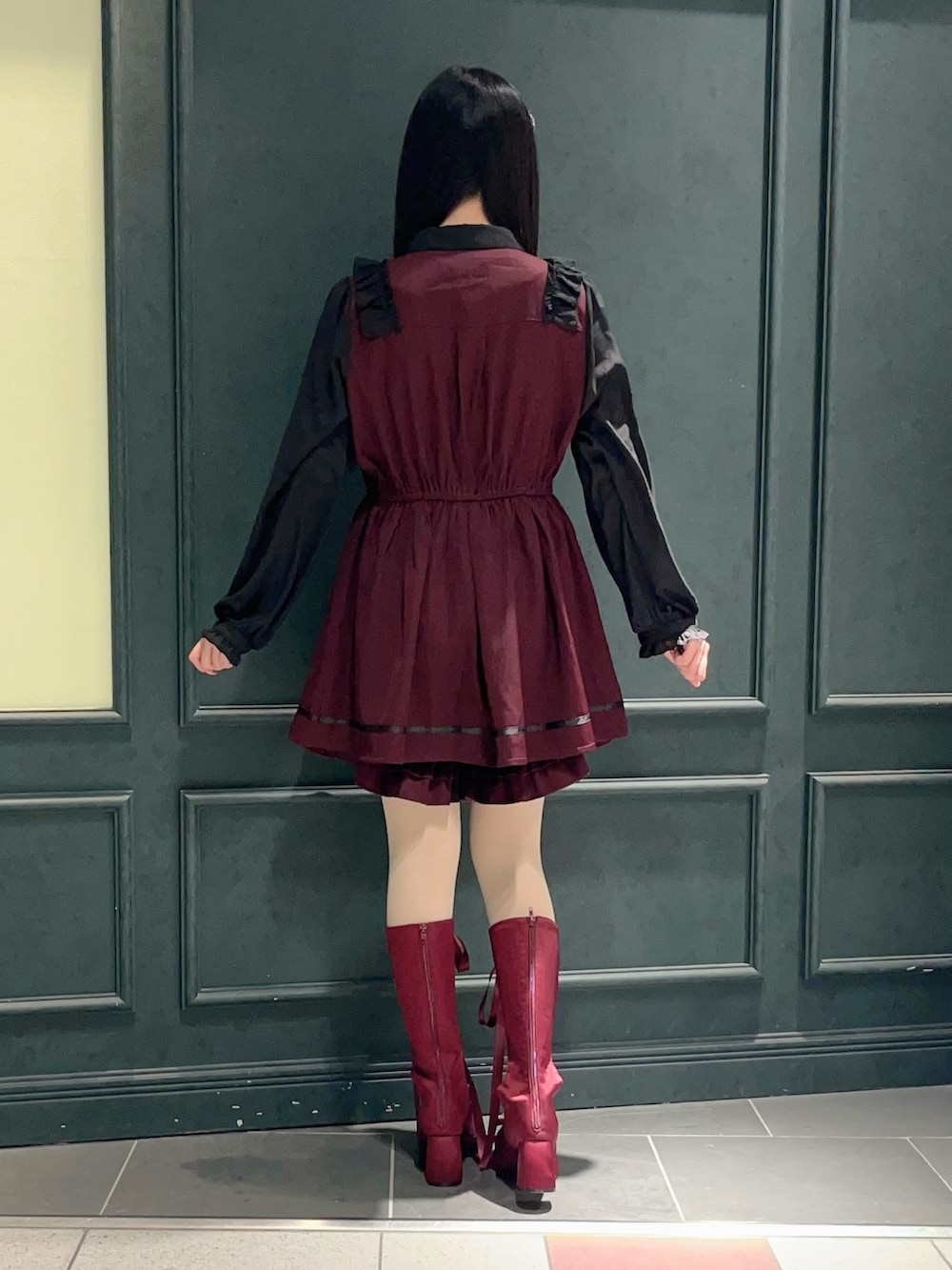 「axes femme、セットアップ、セットアップコーデ、ワイン、低身長、低身長コーデ」｜「axes femme POETIQUEのレースアップサテンシューズ（パンプス、レッド系）」を使った、ぁゅゅさん（レディース・154cm）の春コーディネートの4枚目の写真