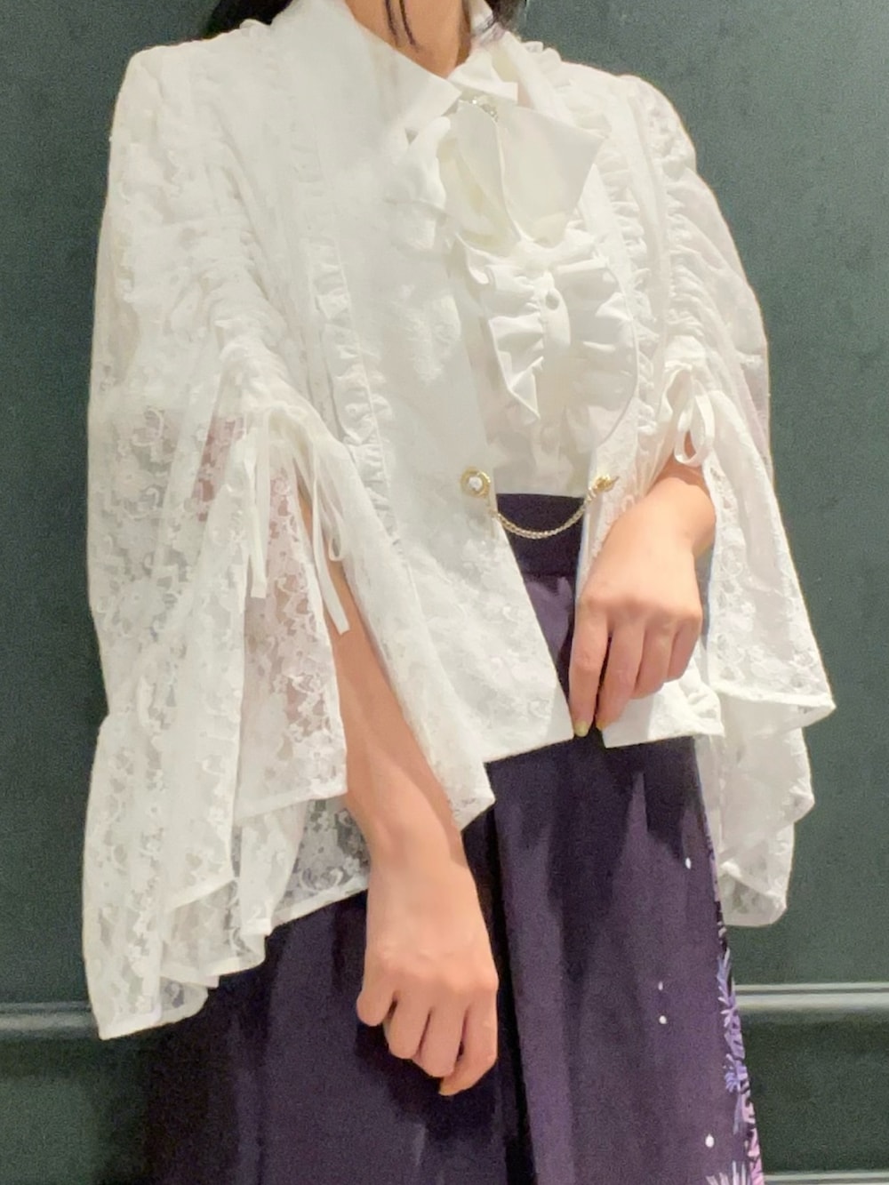 「axes femme、夏、夏コーデ、低身長、低身長コーデ、花火、花火大会、花火柄、和、和装、和服、モダン、パープル、総レース、ボレロ」｜「axes femmeの花火柄タックスカート（スカート、パープル系）」を使った、ぁゅゅさん（レディース・154cm）の夏コーディネートの3枚目の写真