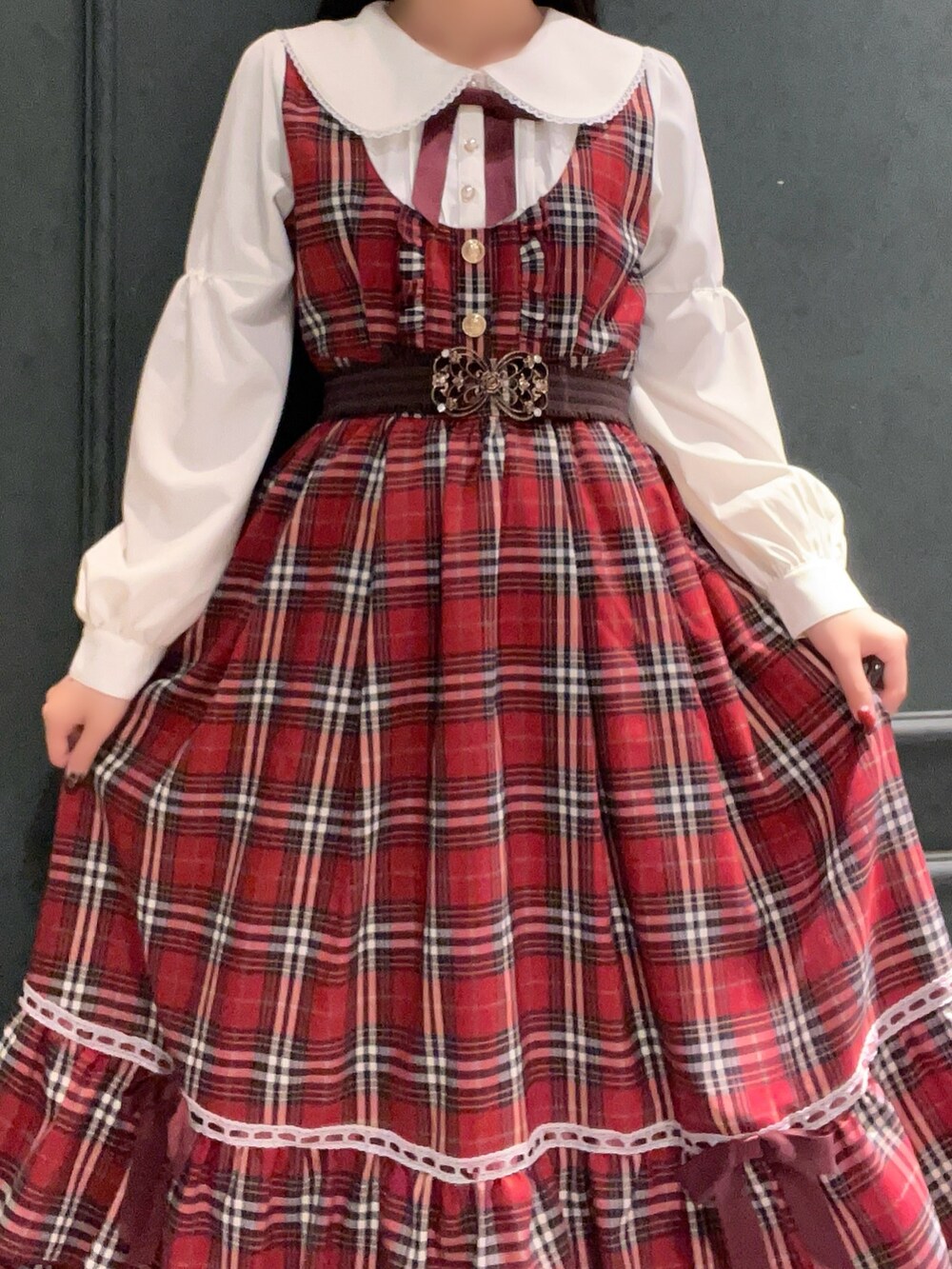 「axes femme POETIQUE、axes femme、ワンピース、赤チェック、クリスマスに着たい服、今日のコーデ、おでかけコーデ」｜「axes femme POETIQUEのチェックフリルレディワンピース（ワンピース、レッド系）」を使った、ぁゅゅさん（レディース・154cm）の冬コーディネートの4枚目の写真
