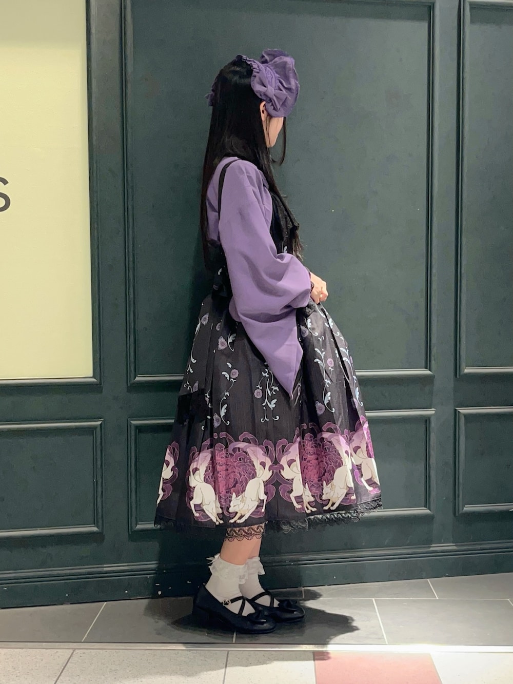 「Chalmiere、和ロリ、和装、和装コーデ、和風、狐、パープル、パープルコーデ、パープル×黒、ボンネット、ロリータ、ロリータファッション、低身長」｜「Chalmiereのハーフボンネ（カチューシャ、パープル系）」を使った、ぁゅゅさん（レディース・154cm）の夏コーディネートの3枚目の写真