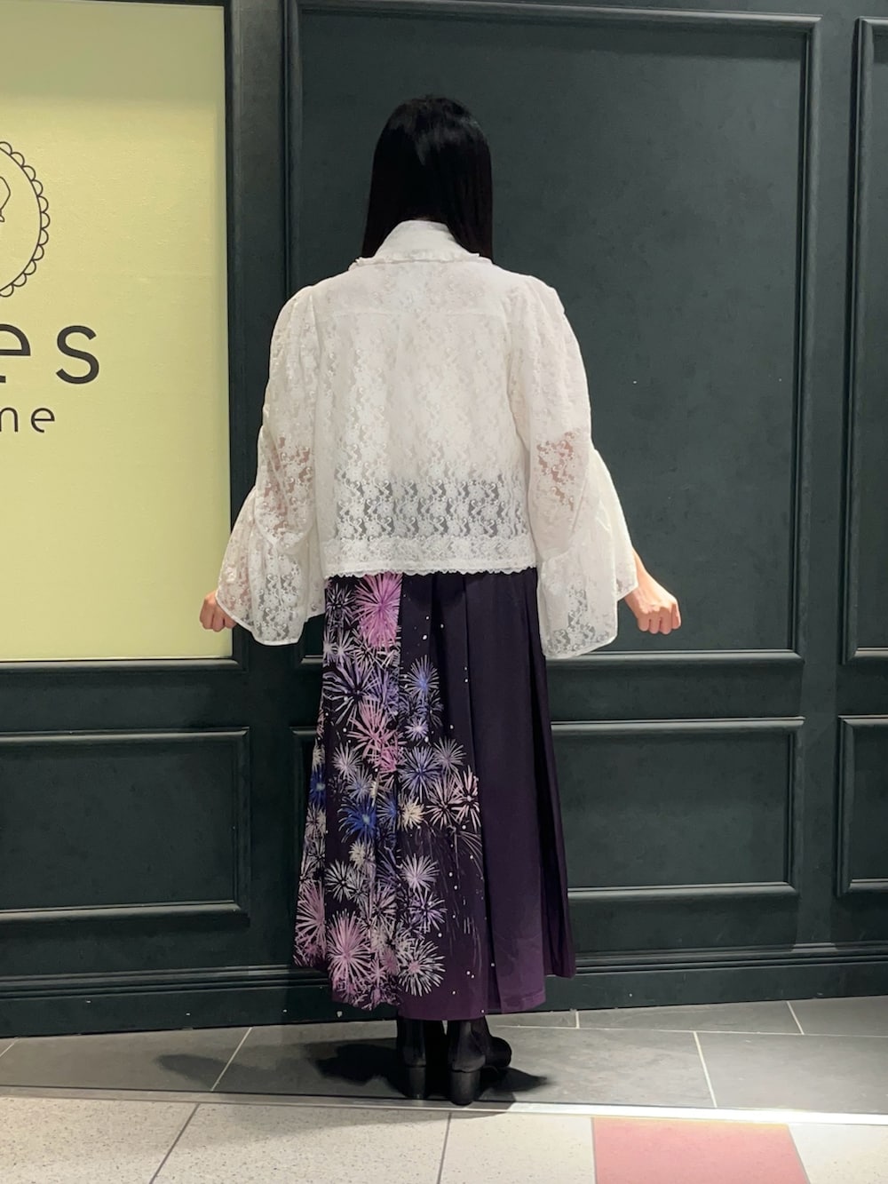 「axes femme、夏、夏コーデ、低身長、低身長コーデ、花火、花火大会、花火柄、和、和装、和服、モダン、パープル、総レース、ボレロ」｜「axes femmeの花火柄タックスカート（スカート、パープル系）」を使った、ぁゅゅさん（レディース・154cm）の夏コーディネートの2枚目の写真