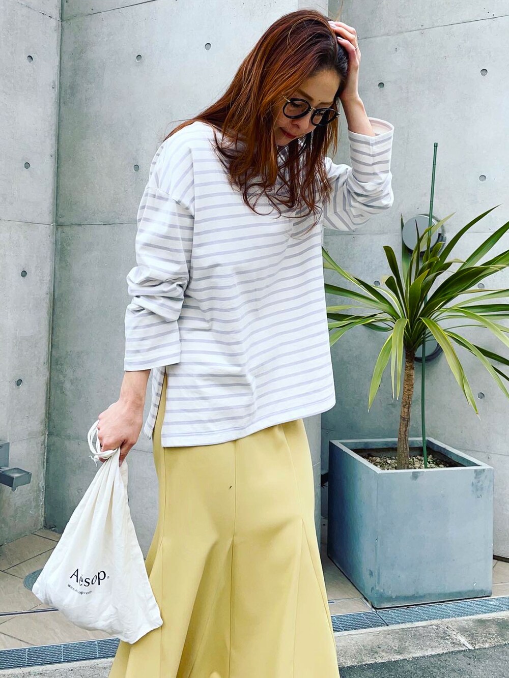 「シトリンチャクラ、CITRINE Chakra、マーメイドスカート、ボーダー、Aesop、イソップ、airmax」｜「CITRINE Chakraのアイテム（スカート、イエロー系）」を使った、mikiviciousさん（レディース・162cm）の春コーディネートの2枚目の写真