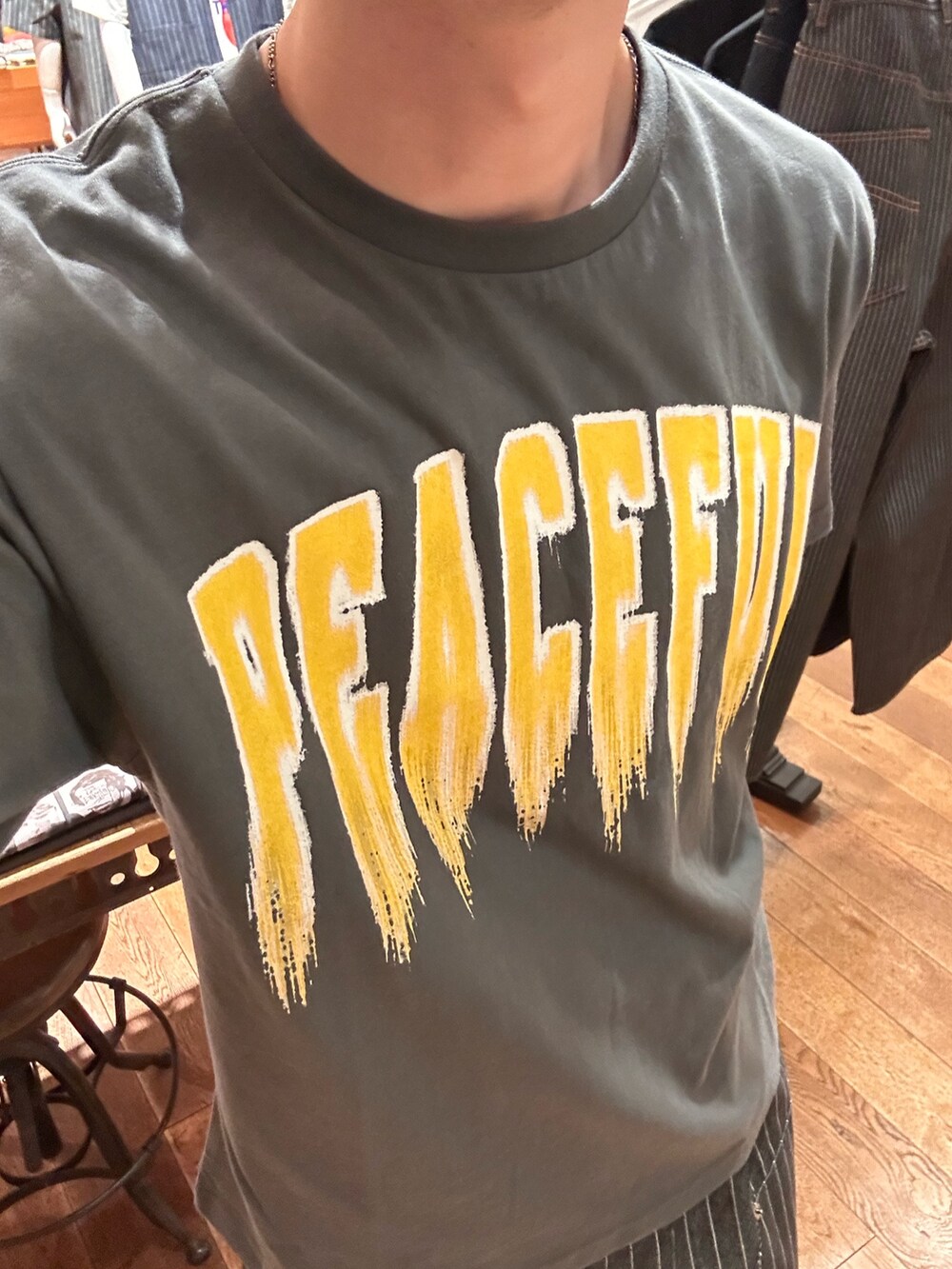 ブルー系のベスト、グレー系のTシャツ/カットソー、ブラック系のデニムパンツを着用したメンズの夏コーディネートの2枚目の写真