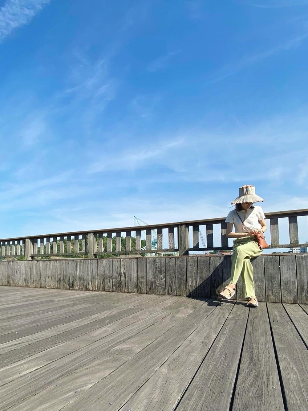 ホワイト系のTシャツ/カットソー、グリーン系のその他パンツ、ブラウン系のバッグを着用したレディースの春コーディネートの2枚目の写真