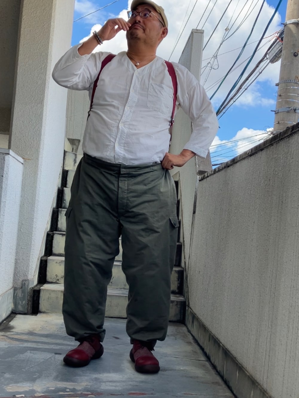 「おじさんコーデ、おじさんだって服が好き、オジかわ、デブでもオシャレ、デブでもオシャレしたい、デブですがなにか？、和テイスト、和風コーデ、デブコーデ」｜「江戸一の鯉口のアイテム（その他トップス、ホワイト系）」を使った、メルヘン翁さん（メンズ・178cm）の秋コーディネートの3枚目の写真