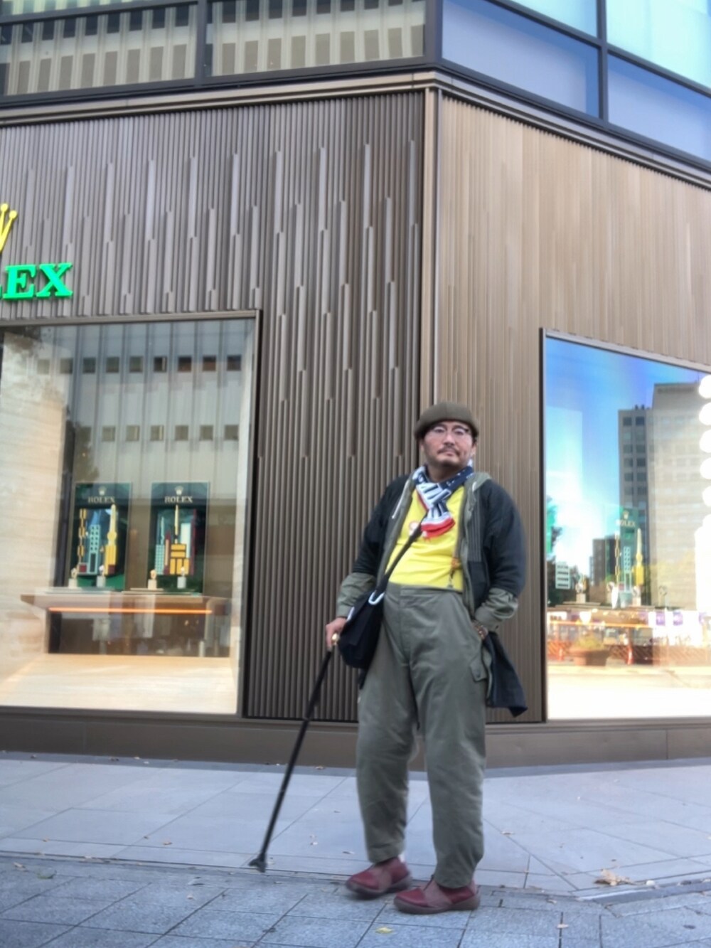「デブでもオシャレ、デブですがなにか？、オジかわ、おじコーデ、和コーデ、秋のコーデ」｜「Aminaのアイテム（ハンチング/ベレー帽、グリーン系）」を使った、メルヘン翁さん（メンズ・178cm）の秋コーディネートの4枚目の写真