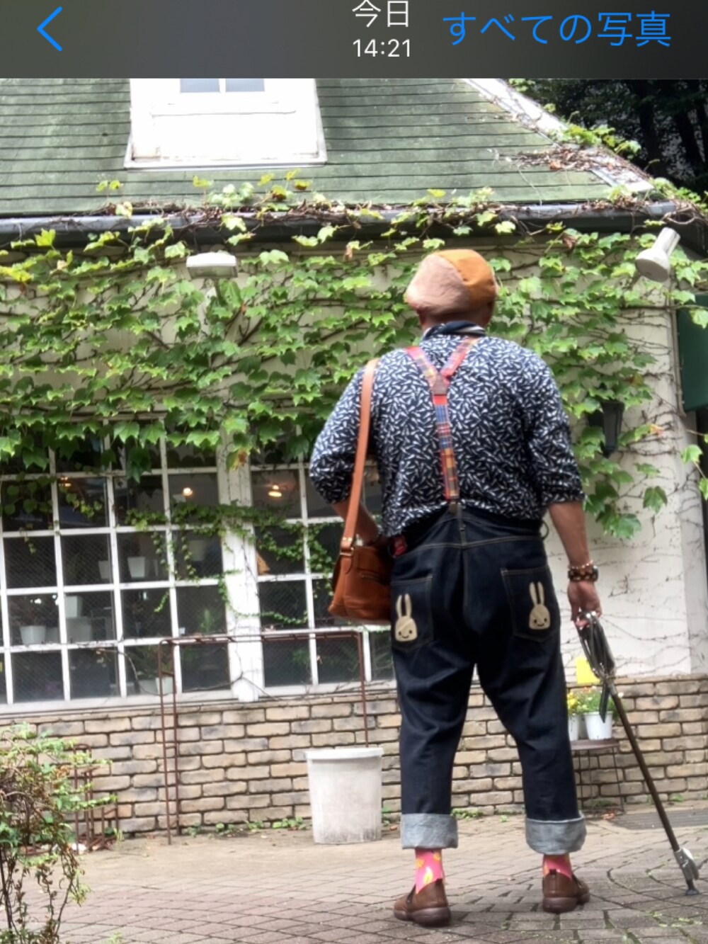 「デブでもオシャレ、メガネおやじ、めがね × ベレー、サスペンダー男子、和洋ミックス、デブですがなにか？」｜「CUNEのアイテム（デニムパンツ、ブルー系）」を使った、メルヘン翁さん（メンズ・178cm）の夏コーディネートの4枚目の写真
