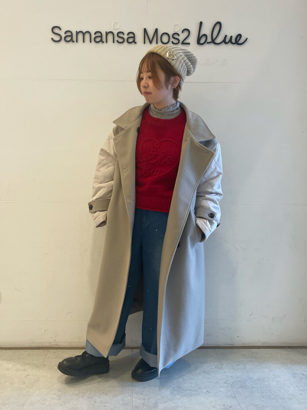 「カジュアルガーリー、低身長コーデ、ehka sopo」｜「ehka sopoのメルトンキルトコンビコート（その他アウター、ベージュ系）」を使った、オオツカさん（レディース・149cm）の秋コーディネートの2枚目の写真