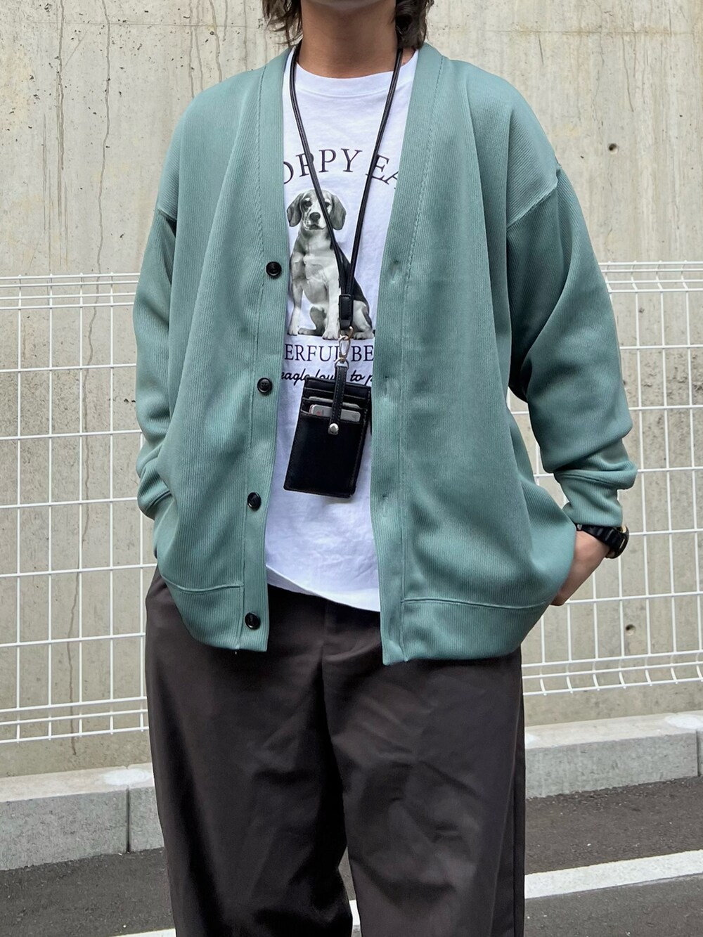 「レイヤードスタイル、お出かけコーデ、デートコーデ、プチプラ、きれいめカジュアル、春夏コーデ、アウトドアスタイル、ロンT、スラックス、パステルカラー、休日スタイル、シンプルコーデ、韓国ファッション、低身長コーデ」｜「LAKOLEのテックリブカーディガン / 993510（カーディガン/ボレロ、グリーン系）」を使った、かわぐちのりひささん（メンズ・168cm）の春コーディネートの2枚目の写真