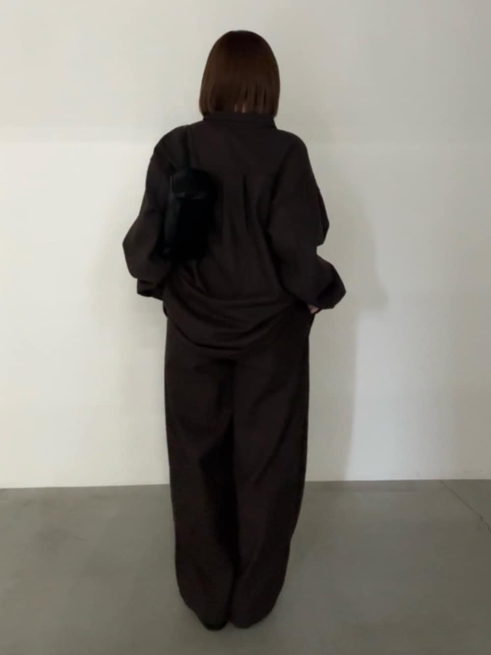 ブラウン系のスラックス、ブラウン系のシャツ/ブラウス、ブラック系のハンドバッグを着用したレディースの秋コーディネートの2枚目の写真