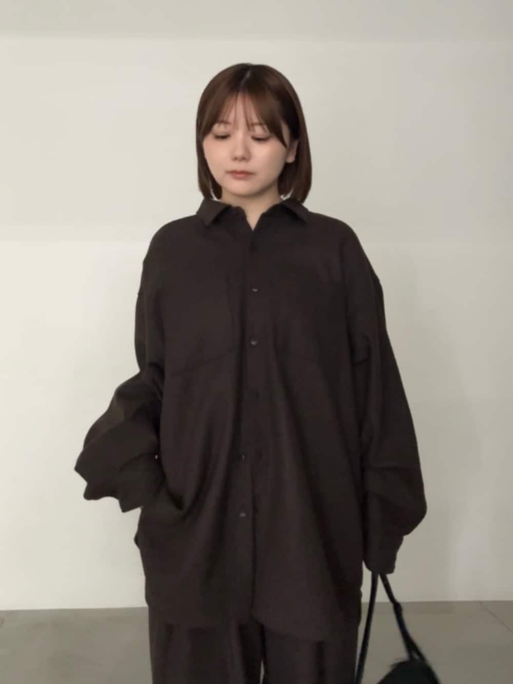 ブラウン系のスラックス、ブラウン系のシャツ/ブラウス、ブラック系のハンドバッグを着用したレディースの秋コーディネートの3枚目の写真
