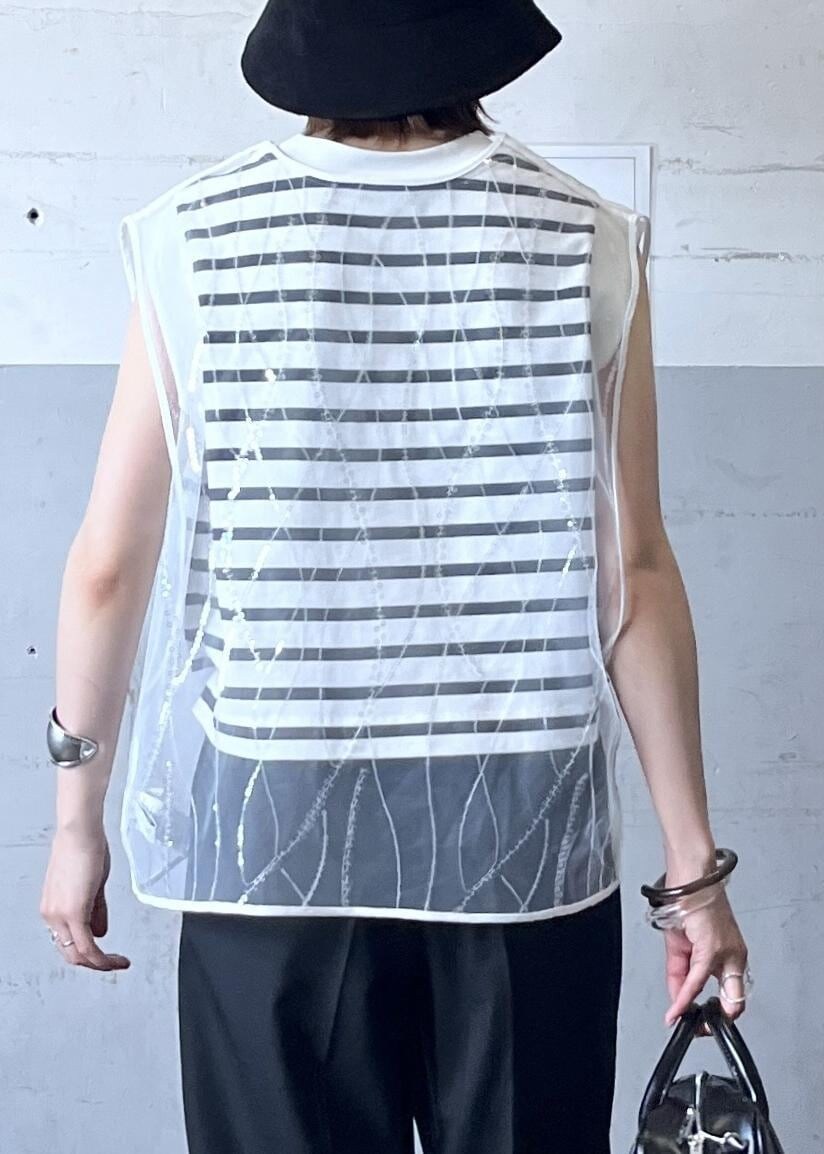「スパンコール、ブラック、ハット、バケットハット、ホワイト、プルオーバー、ボーダー、ベスト、パンツ、ワイド、ADAM ET ROPÉ、FEMME、骨格ナチュラル、イエベ、大人カジュアル」|「ADAM ET ROPE'の【LACK OF COLOUR(ラックオブカラー)】Wave Bucket(ハット、ブラック系)」を使った、tampoさん(レディース・158cm)の夏コーディネートの8枚目の写真