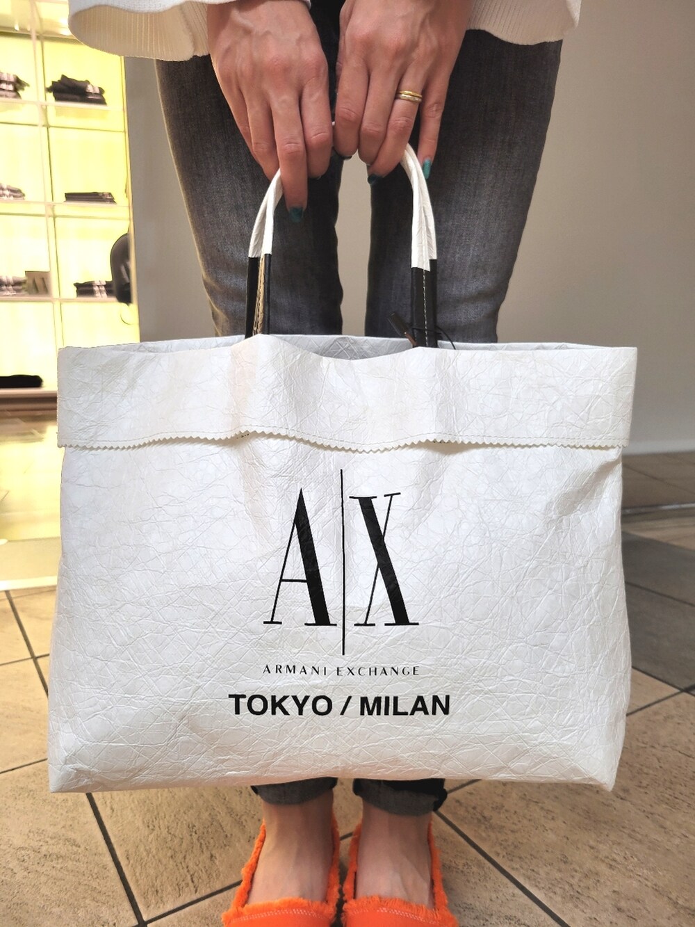 「アルマーニエクスチェンジ、AXchange、AXchanger、キャップ、ニット、エスパドリーユ、オレンジ、サマーニット、スキニーデニム、休日スタイル、大人カジュアル、シンプル、デニムコーデ、ママコーデ、ビタミンカラー」|「ARMANI EXCHANGEの【A|X アルマーニ エクスチェンジ】キャンバス エスパドリーユスリッポン(スリッポン、オレンジ系)」を使った、♡aYuMiiiiiiiiさん(レディース・158cm)の夏コーディネートの2枚目の写真