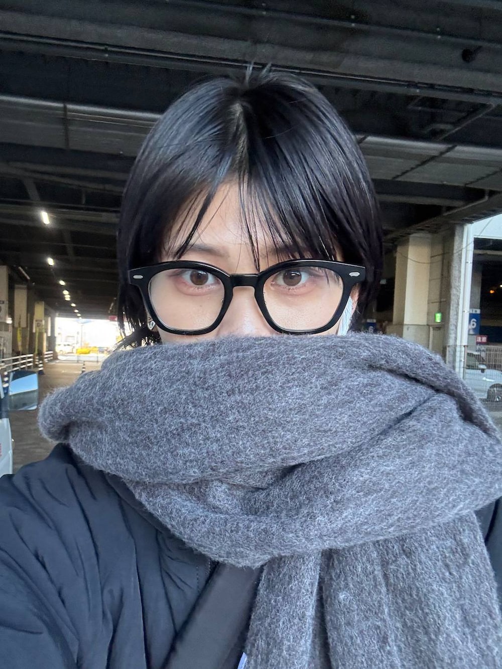 グレー系のストール/ショール、ブラック系のメガネを着用したレディースの冬コーディネートの2枚目の写真