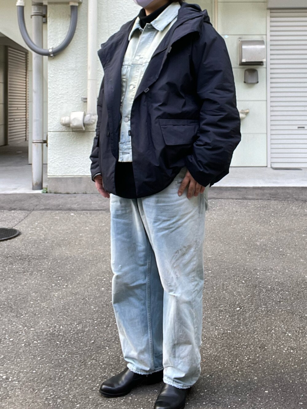 「冬コーデ、TEATORA、ancellm、デニムジャケット、デニムパンツ、デニムセットアップ、Porter Classic、サーマルカットソー、PETROSOLAUM、レザーシューズ」｜「ancellmのアイテム（デニムパンツ、ブルー系）」を使った、SPADE25さん（レディース・167cm）の冬コーディネートの2枚目の写真