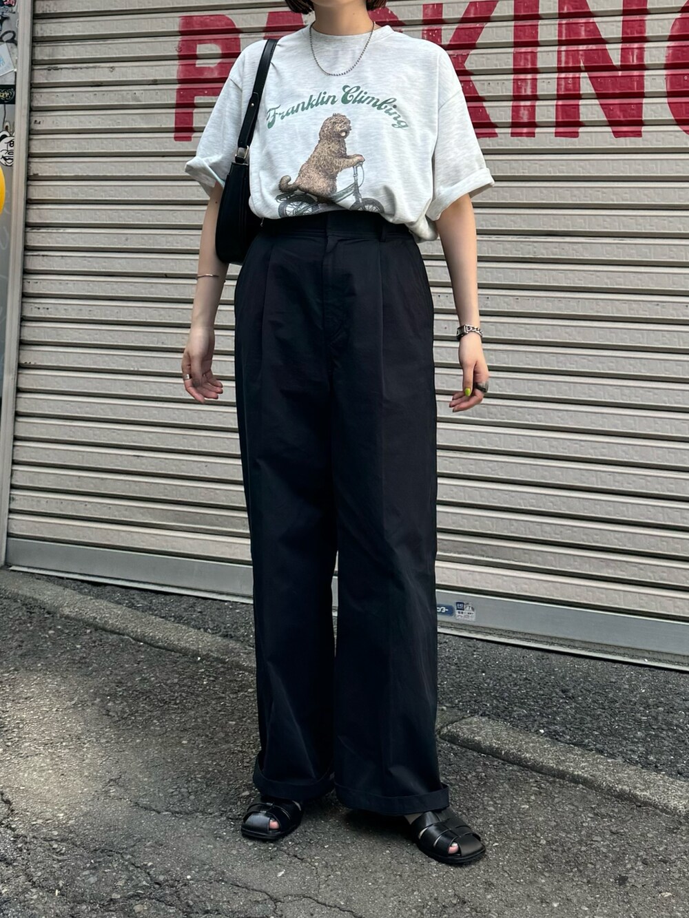 グレー系のTシャツ/カットソー、ブラック系のチノパンツを着用したレディースの春コーディネートの3枚目の写真