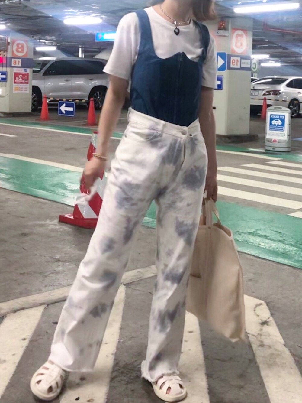 ホワイト系のデニムパンツを着用したレディースの春コーディネートの2枚目の写真