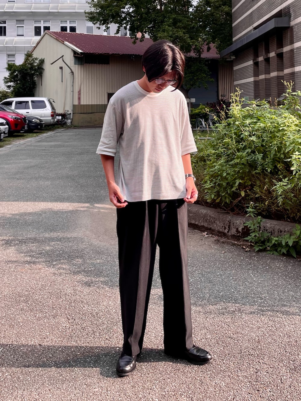 「POLYPLOID、ootd、Tシャツ、シンプル、今日のコーデ、夏コーデ、夏だ！Tシャツ着よう！、休日スタイル」｜「POLYPLOIDのPOLYPLOID / T Shirt #B (White × Black) / size(1) / ¥18,700（Tシャツ/カットソー、ホワイト系）」を使った、Kさん（メンズ・174cm）の夏コーディネートの2枚目の写真