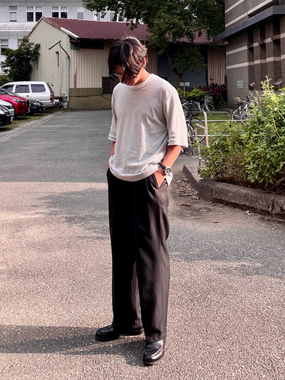 「POLYPLOID、ootd、Tシャツ、シンプル、今日のコーデ、夏コーデ、夏だ！Tシャツ着よう！、休日スタイル」｜「POLYPLOIDのPOLYPLOID / T Shirt #B (White × Black) / size(1) / ¥18,700（Tシャツ/カットソー、ホワイト系）」を使った、Kさん（メンズ・174cm）の夏コーディネートの3枚目の写真