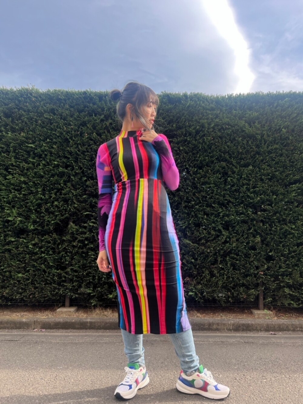 「ワンピース、Desigual、desigualフルコーデ、デシグアル、デシグアル(Desigual)、主役ワンピ、高身長コーデ、おでかけコーデ」｜「Desigualのアイテム（ワンピース、その他）」を使った、Desigual 仙台泉 STAFFさん（レディース・168cm）の春コーディネートの2枚目の写真