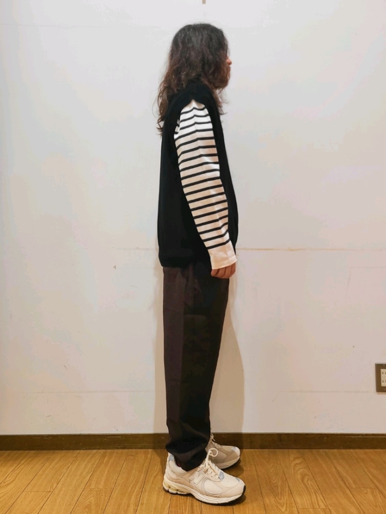 ブラック系のベスト、ブラック系のTシャツ/カットソー、ブラウン系のその他パンツを着用したメンズの春コーディネートの2枚目の写真