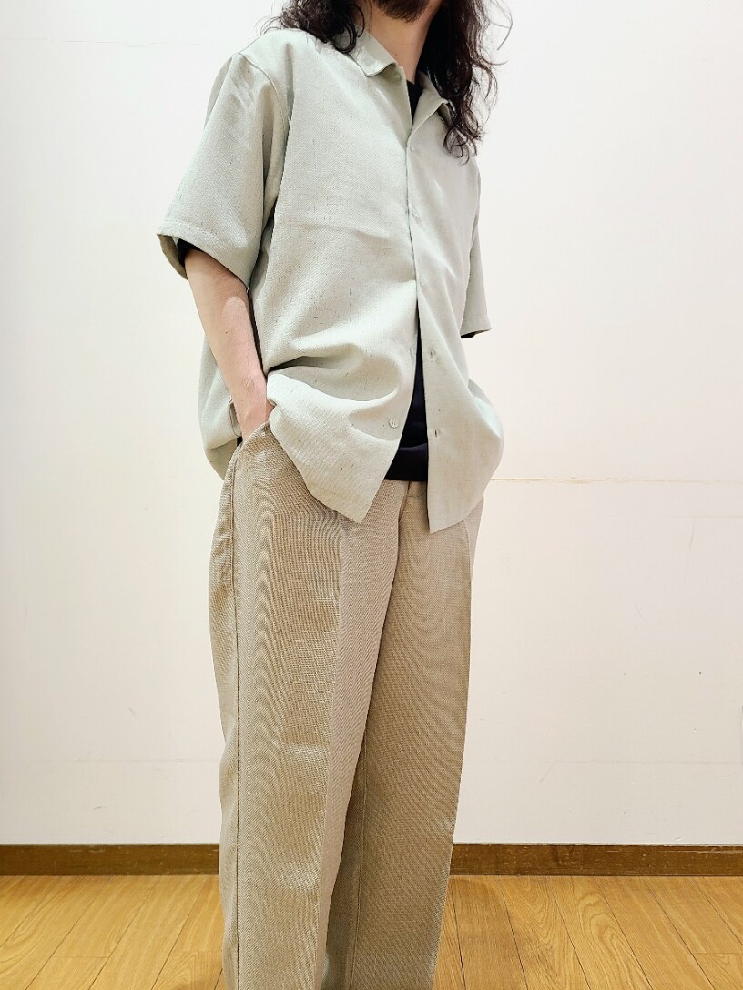 ベージュ系のスラックス、ブラック系のTシャツ/カットソー、グリーン系のシャツ/ブラウスを着用したメンズの夏コーディネートの4枚目の写真