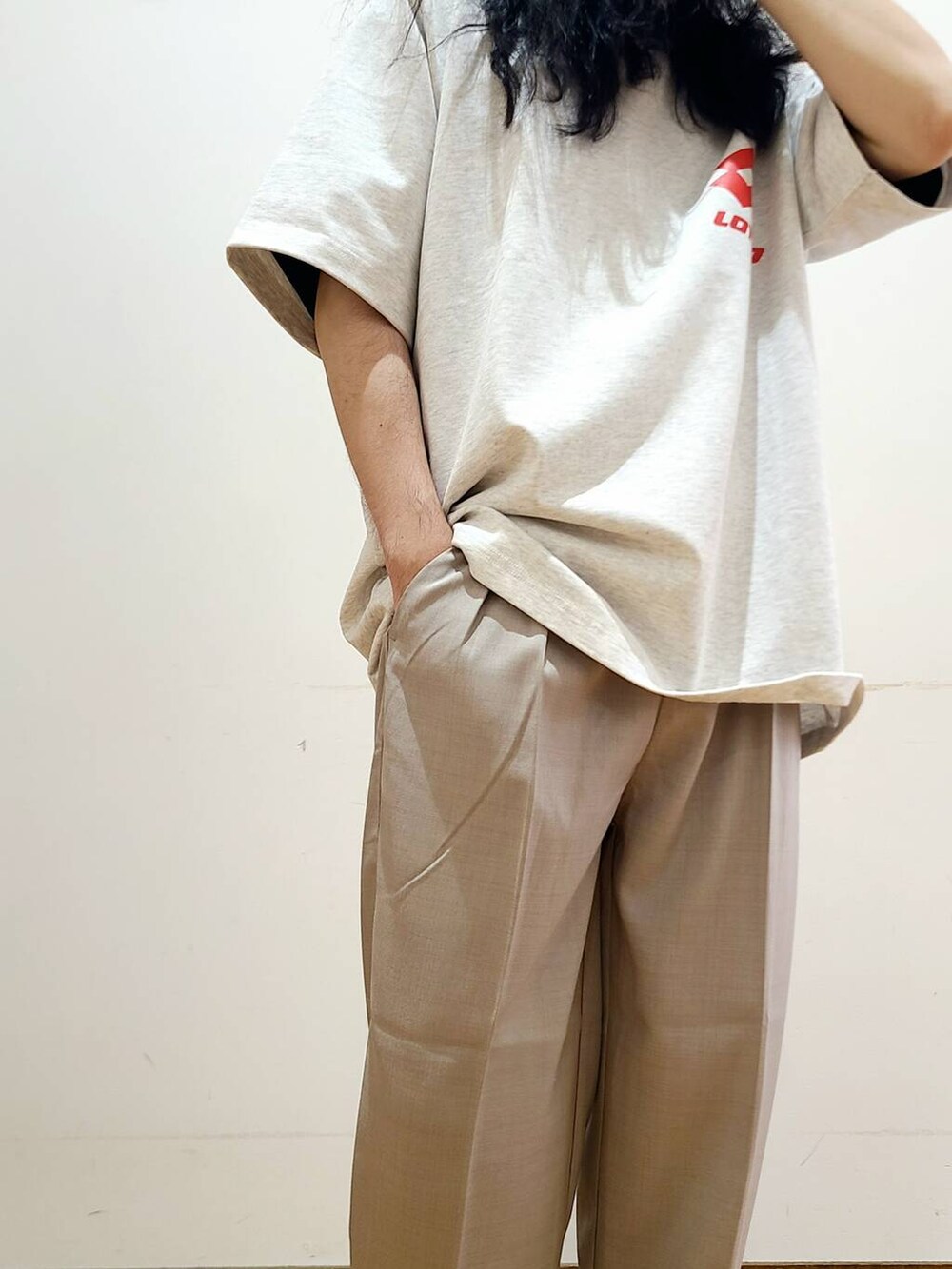 グレー系のTシャツ/カットソー、グレー系のその他パンツを着用したメンズの夏コーディネートの6枚目の写真