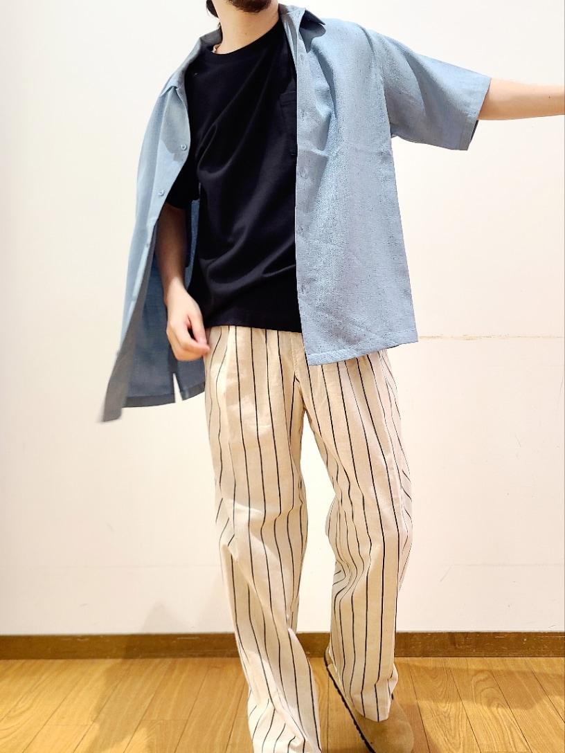 ブルー系のシャツ/ブラウス、ブラック系のTシャツ/カットソー、ホワイト系のその他パンツを着用したメンズの夏コーディネートの6枚目の写真