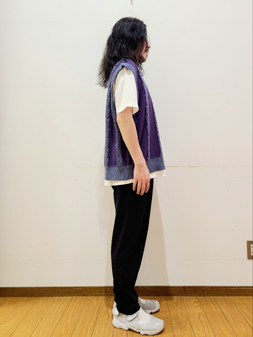 ホワイト系のTシャツ/カットソー、ブルー系のベスト、ブラック系のその他パンツを着用したメンズの夏コーディネートの2枚目の写真