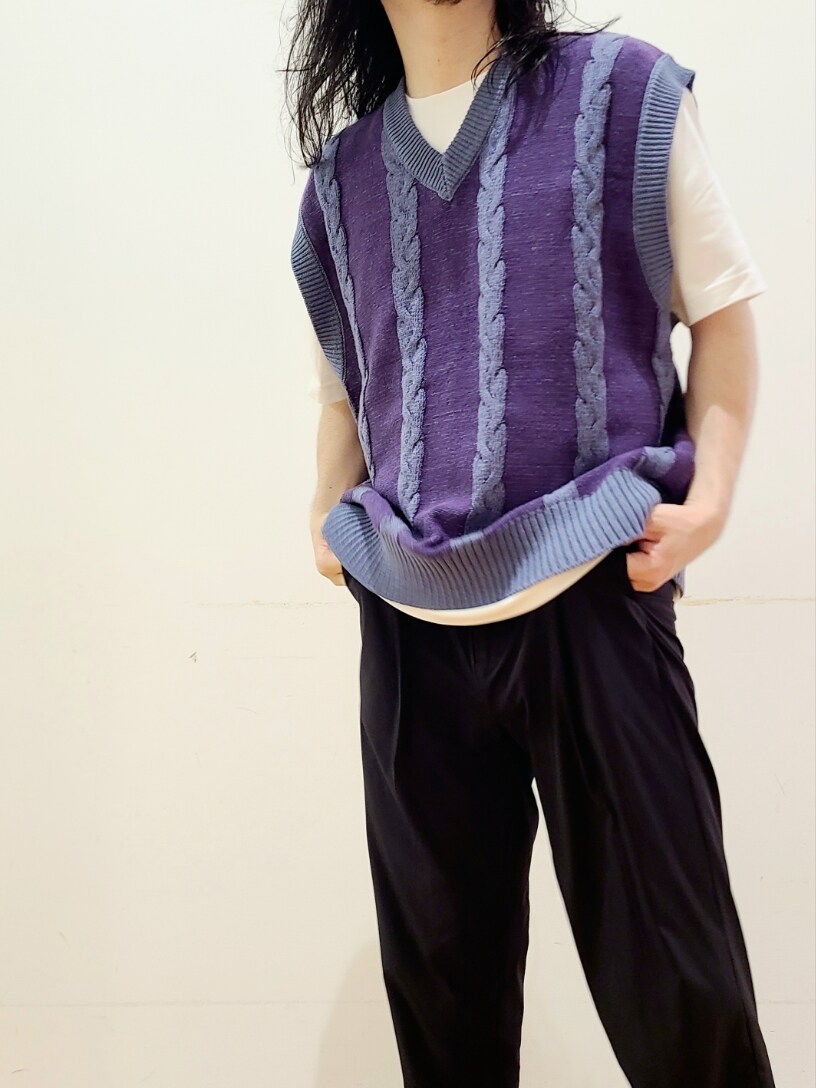 ホワイト系のTシャツ/カットソー、ブルー系のベスト、ブラック系のその他パンツを着用したメンズの夏コーディネートの6枚目の写真