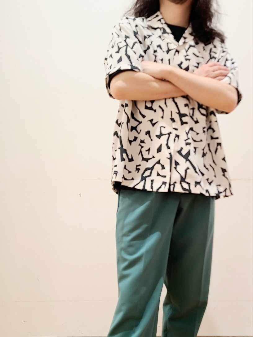 ホワイト系のシャツ/ブラウス、ブラック系のTシャツ/カットソー、グリーン系のスラックスを着用したメンズの春コーディネートの5枚目の写真