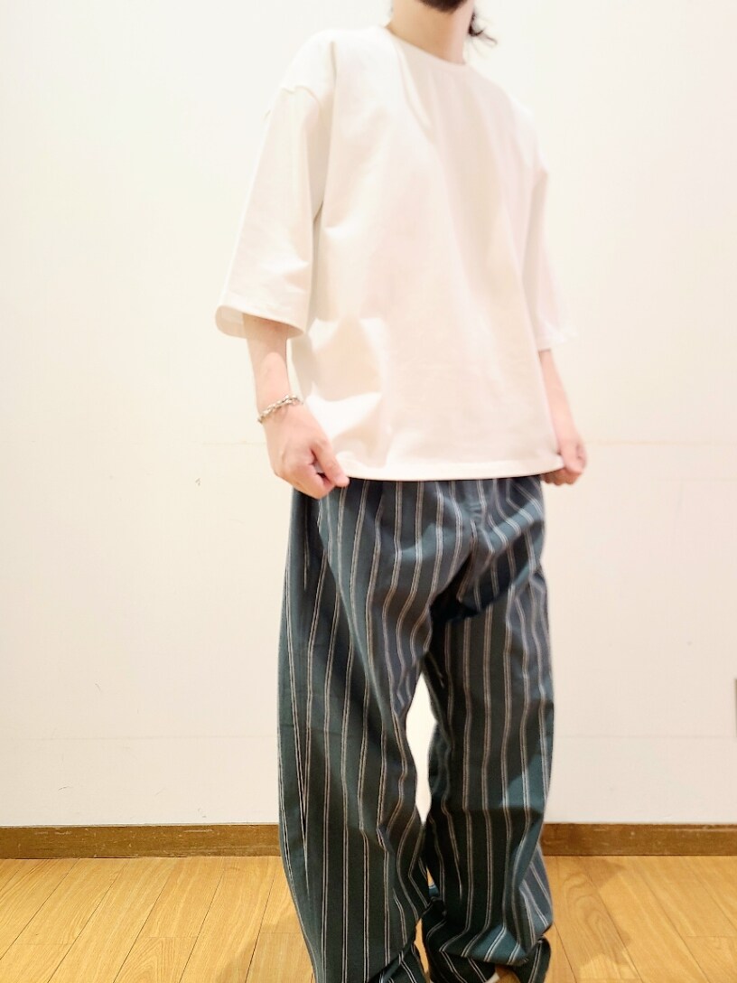 ホワイト系のTシャツ/カットソー、グリーン系のその他パンツ、ブラウン系のメガネを着用したメンズの夏コーディネートの5枚目の写真