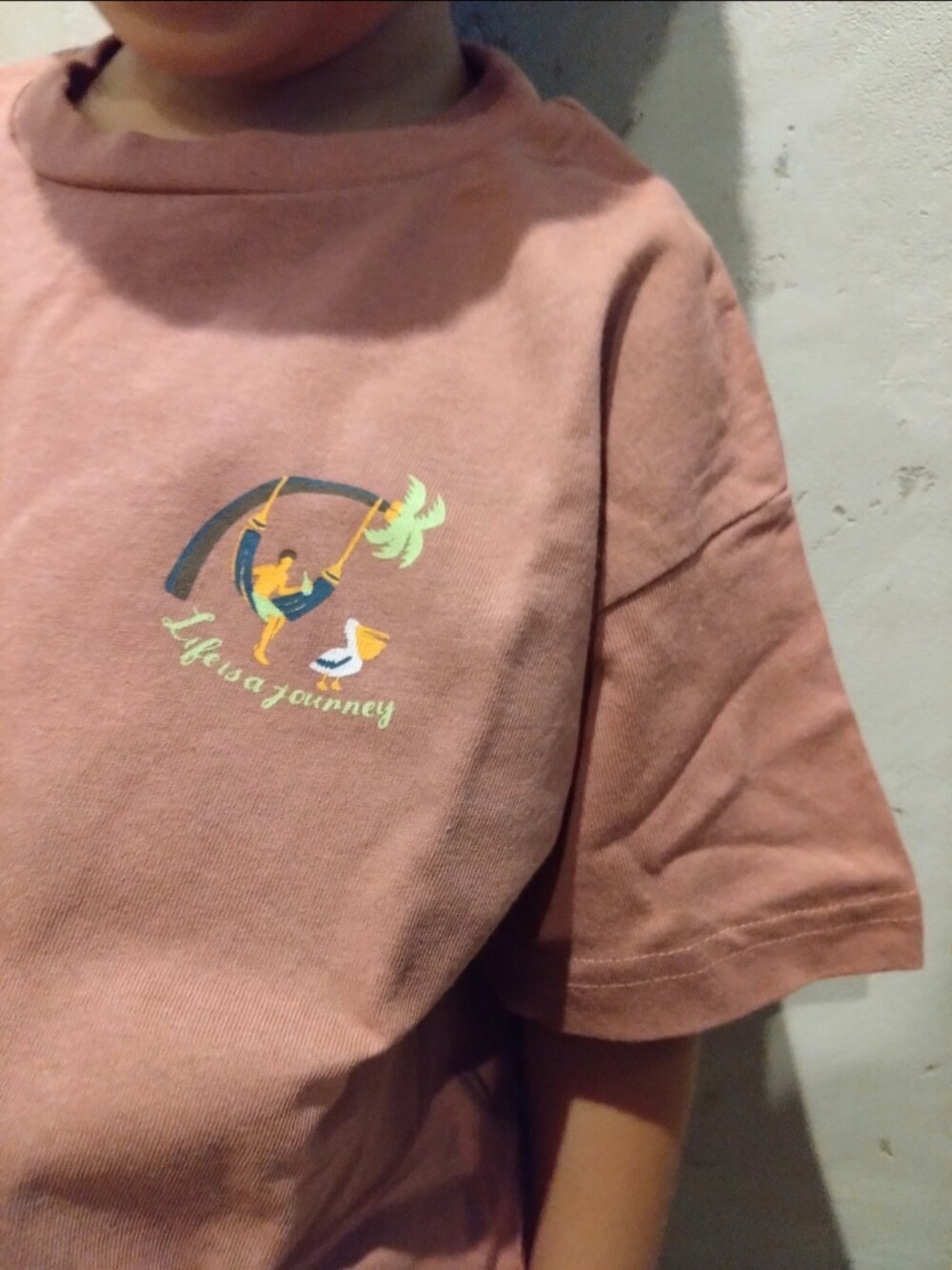 ピンク系のTシャツ/カットソー、ブルー系のパンツを着用したキッズの夏コーディネートの3枚目の写真