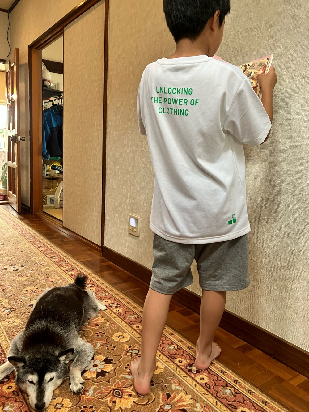 ホワイト系のTシャツ/カットソー、グレー系のスウェットパンツを着用したキッズの夏コーディネートの2枚目の写真