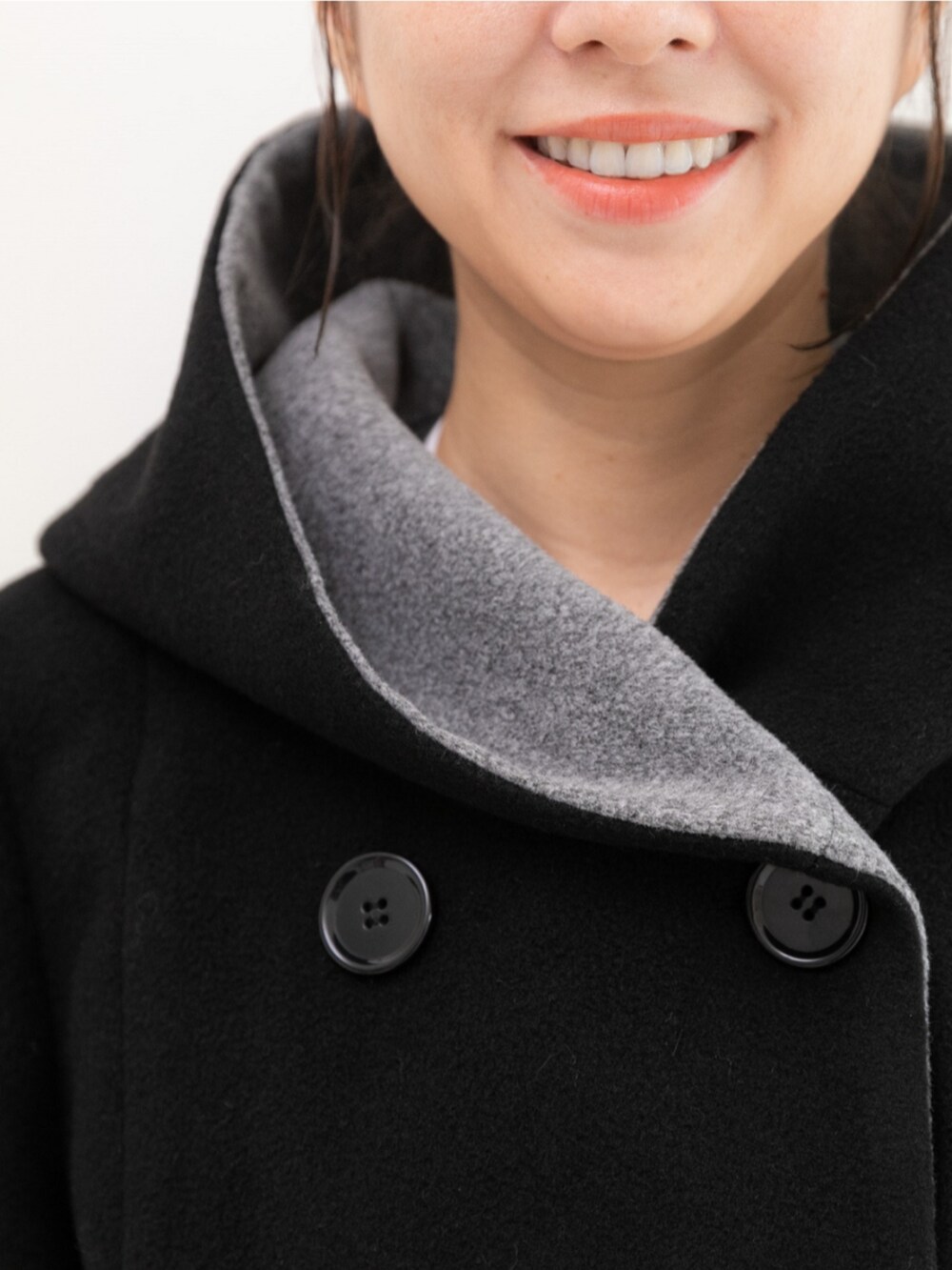 「冬コーデ、クリスマスに着たい服、マイベストコーデ2024、大人可愛い、プレフェリール、PREFERIR、おでかけコーデ、オトナカジュアル、冬のコーデ、デニムコーデ、秋冬コーデ、最近のいい感じコーデ、30代コーデ、フードコート、ダブルジャケット」｜「PREFERIRのフーディー Pコート（ピーコート、ブラック系）」を使った、PREFERIR_webさん（レディース・160cm）の冬コーディネートの5枚目の写真