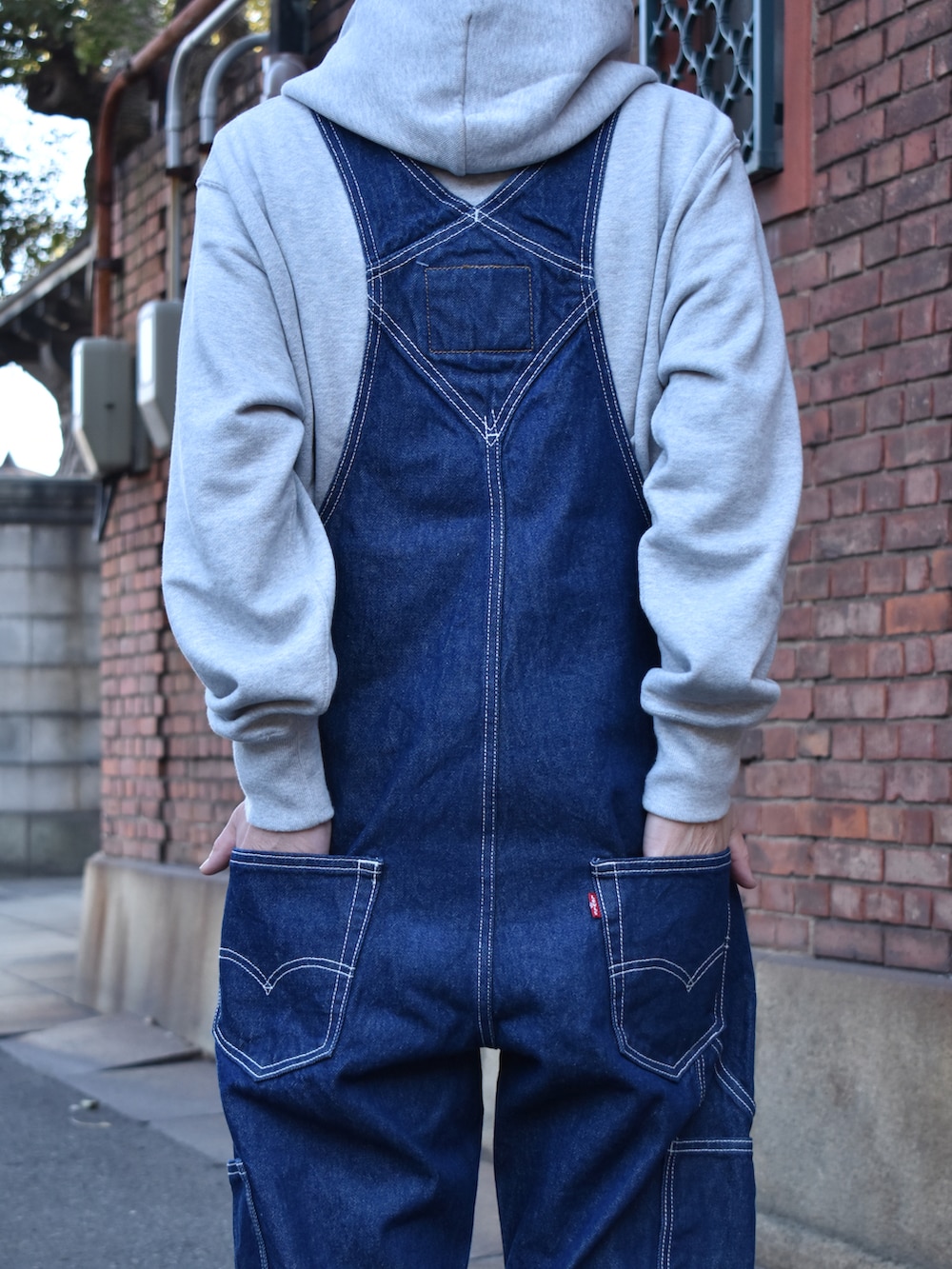 ブルー系のサロペット/オーバーオール、ホワイト系のスニーカー、グレー系のニットキャップ/ビーニーを着用したメンズの冬コーディネートの2枚目の写真