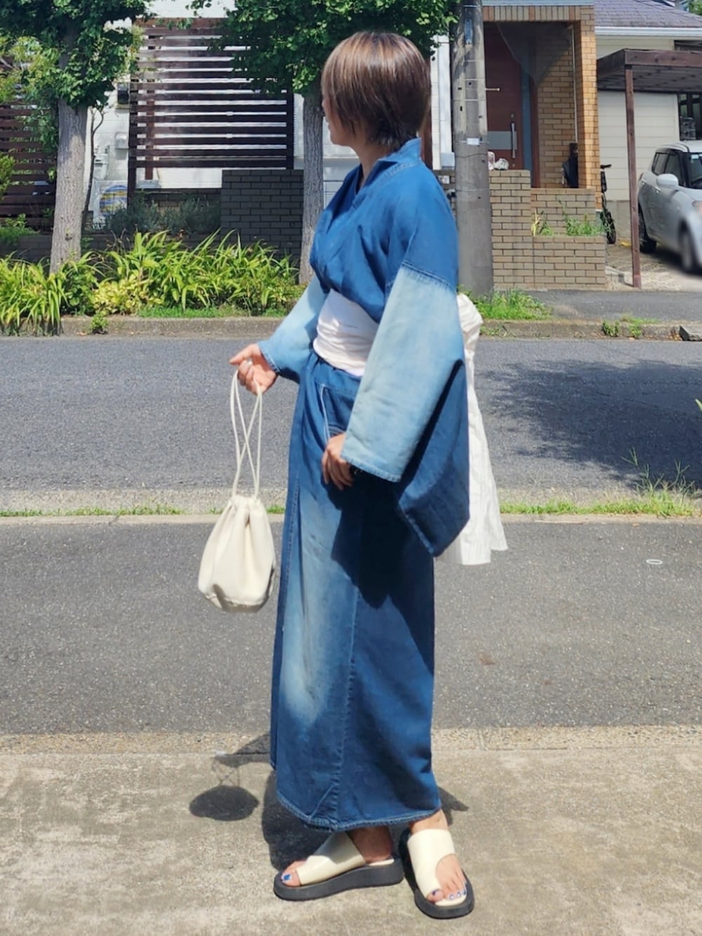 「浴衣、デニム、デニム浴衣、アツいコーデ全部見せ、花火大会、しわ兵児帯」｜「デニム浴衣のアイテム（浴衣、ブルー系）」を使った、RIyO.さん（骨格ナチュラル・レディース・159cm）の夏コーディネートの2枚目の写真