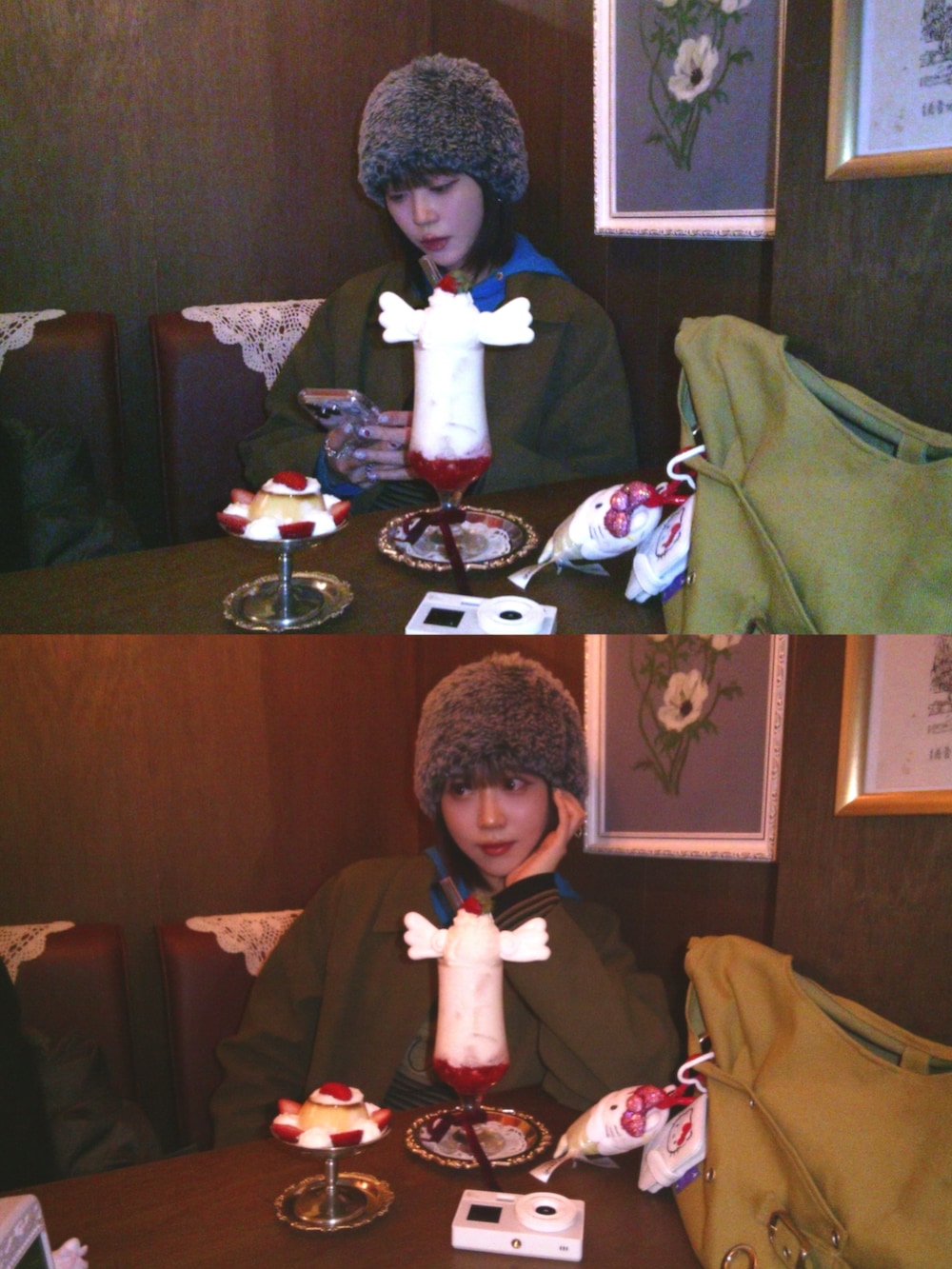 ブラック系のスニーカー、ブルー系のニット/セーター、グリーン系のTシャツ/カットソーを着用したレディースの春コーディネートの3枚目の写真