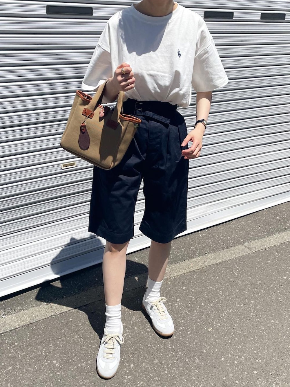 「Polo Ralph Lauren、WEGO、グルカパンツ、ハーフパンツ、ジャーマントレーナー、夏、パンツスタイル、カジュアルコーデ、シンプル、ワンポイント、夏だ！Tシャツ着よう！、スニーカーコーデ、白シャツ、グルカショーツ、uspoloassn」｜「U.S. POLO ASSN.の∴WEGO/【WEB限定】USPOLOワンポイントTシャツ（Tシャツ/カットソー、ホワイト系）」を使った、ゆうさん（レディース・157cm）の夏コーディネートの2枚目の写真