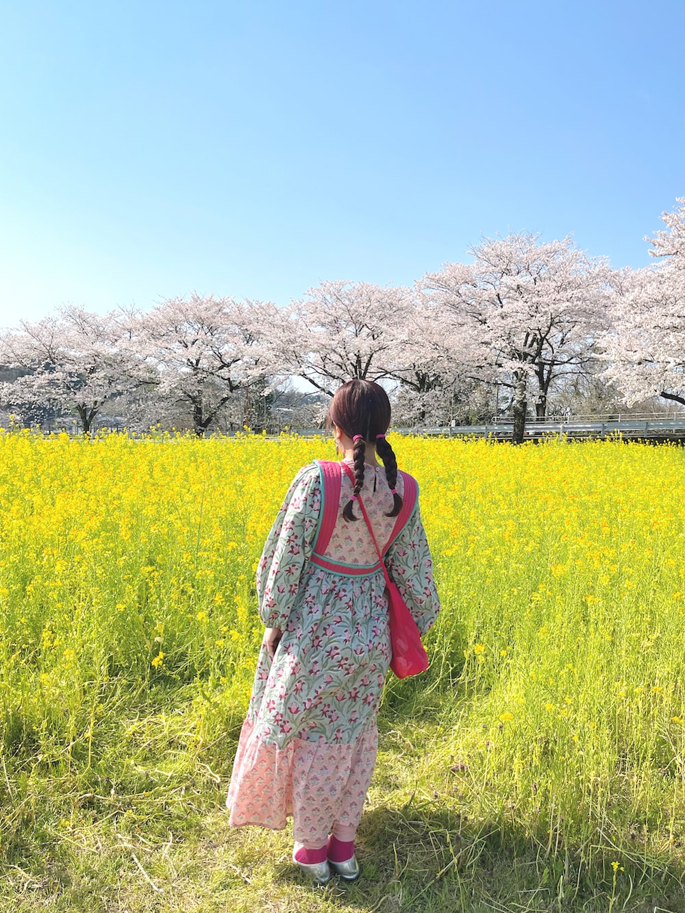 ピンク系のワンピースを着用したレディースの春コーディネートの2枚目の写真