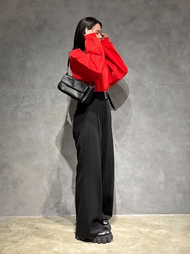 ブラック系のローファー、ブラック系のその他パンツ、ブラック系のハンドバッグを着用したレディースの秋コーディネートの2枚目の写真